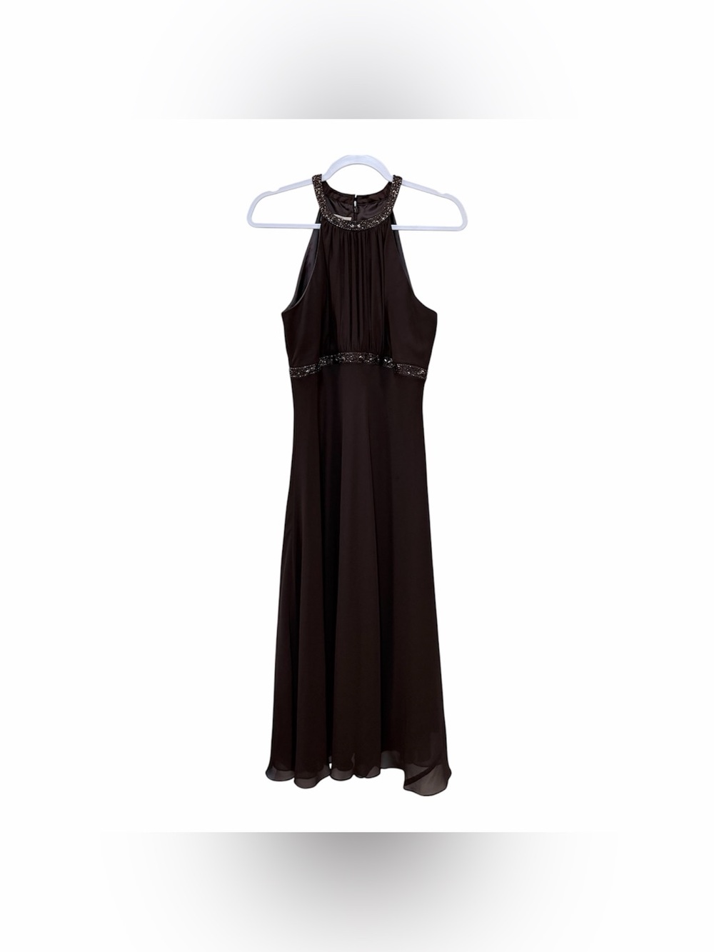 Evan Picone Brown Maxi Halter Dress with Beaded Trim, 8, Bridesmaid